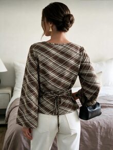 Selianne Vintage Brown Plaid Textured Long Sleeve Cinched Waist Ruffle Hem Slimming Flare Sleeve Commuter Casual Blouse - Multicolor - View 2