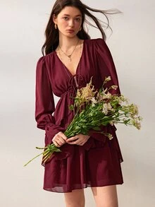 Willow Rêve Women's Burgundy High Waist Ruffle Hem Chiffon Dress, Multi-Tie Deep V Neckline, Solid Color Romantic Sweet & Spicy Bohemian Style, Suitable For Vacation, Date, Party Wear - Brown - View 8