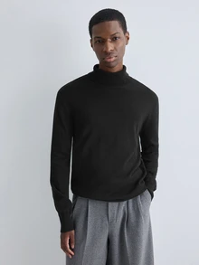 Merionis Men's Solid Color High Neck Long Sleeve Casual Versatile Sweater - Black - View 3