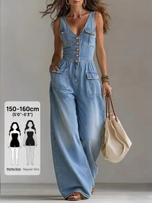 SHEIN PETITE Women's Button Front Pocket Wide Leg Casual Sleeveless Denim Jumpsuit - Blue - View 1