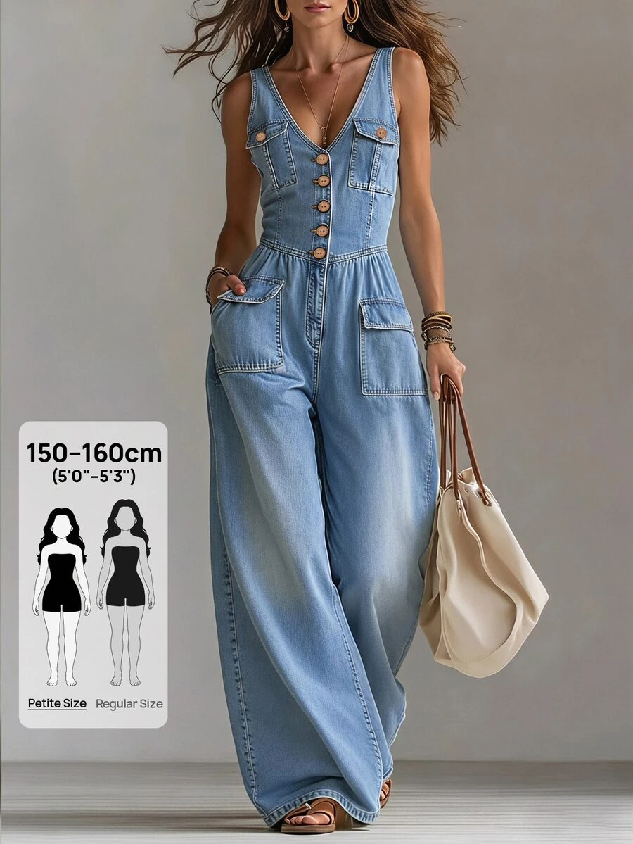 SHEIN PETITE Women's Button Front Pocket Wide Leg Casual Sleeveless Denim Jumpsuit - Blue - View 1