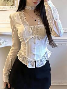 DAZY 女款對比色蕾絲蝴蝶結裝飾長袖鈕扣設計襯衫 度假風 - 白色 - 查看 1