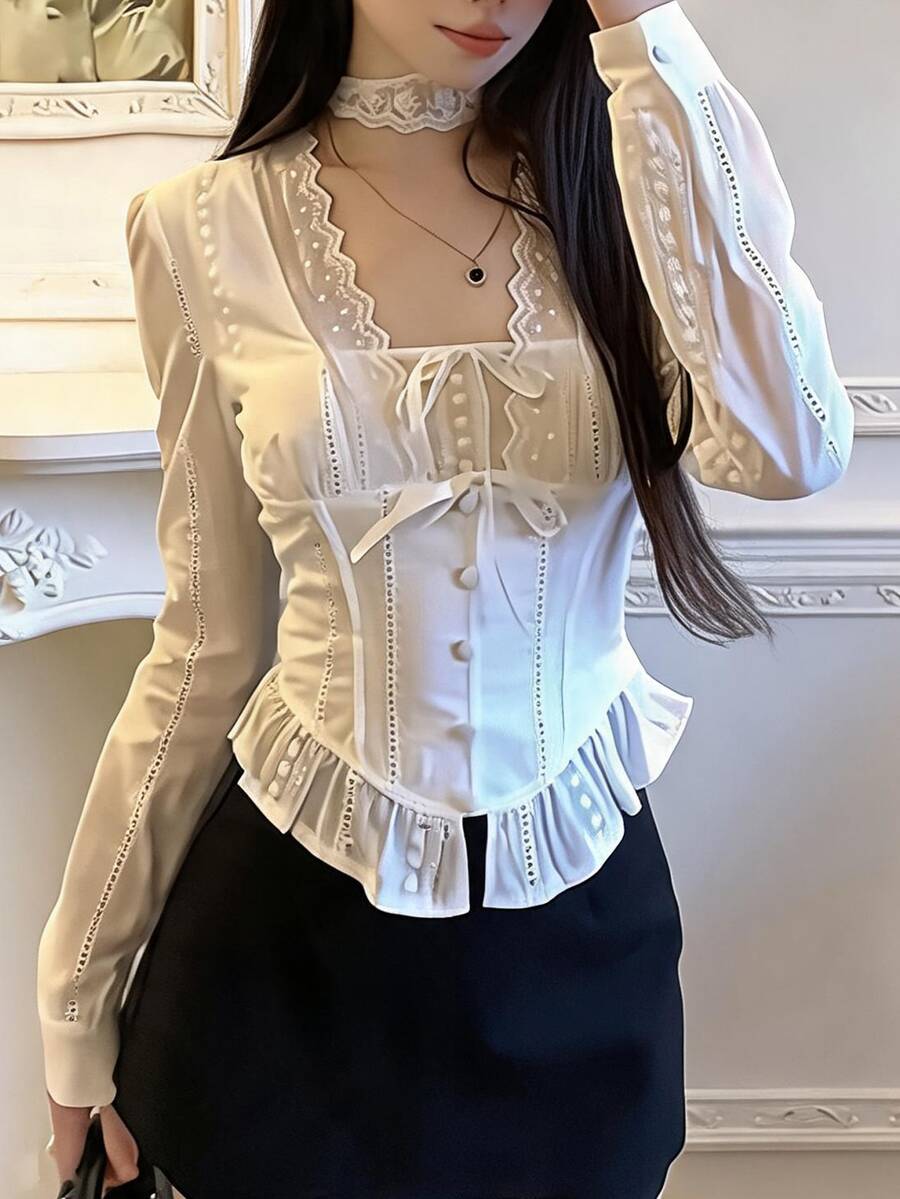 DAZY 女款對比色蕾絲蝴蝶結裝飾長袖鈕扣設計襯衫 度假風 - 白色 - 查看 1