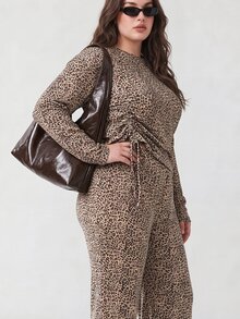 Solavibe Plus Size Vintage Leopard Print Drawstring Round Neck Top Loose Wide Leg Pants Casual Halloween Autumn/Winter 2 Pieces Set Beige Fall Formal Vacation - Multicolor - View 5