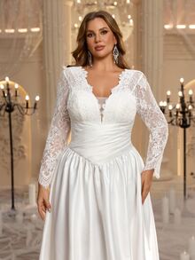 Aureia Plus Size Elegant Romantic V-Neck Lace Sheer Long Sleeve Pleated Fitted A-Line Wedding Dress Suitable For Evening Party Date Wedding Event - White - View 4