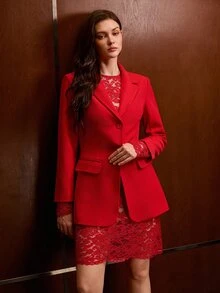 MOTF PREMIUM WOMEN'S ELEGANT DELICATE LACE DRESS AND BLAZER 2 PIECES SET - Red - View 1