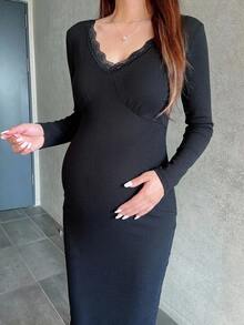 DAZY Solid Color Slim Fit Long Sleeve V-Neck Lace Trim Elegant Sexy Vacation Daily Spring Autumn Maternity Dress - Black - View 4