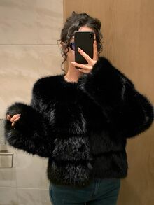 DAZY Solid Color Loose Long Sleeve Casual Vacation Elegant Autumn/Winter Thick Faux Fur Coat For Women - Black - View 8