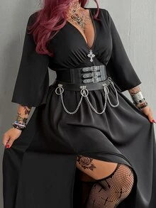 Whyspr Gaun Panjang Lengan 3/4 Kasual Leher V Modis untuk Wanita, Cocok untuk Halloween - Hitam - View 1