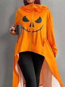 Whyspr Plus Size Halloween Pumpkin Graphic Print Jacket Fall - Orange - View 7