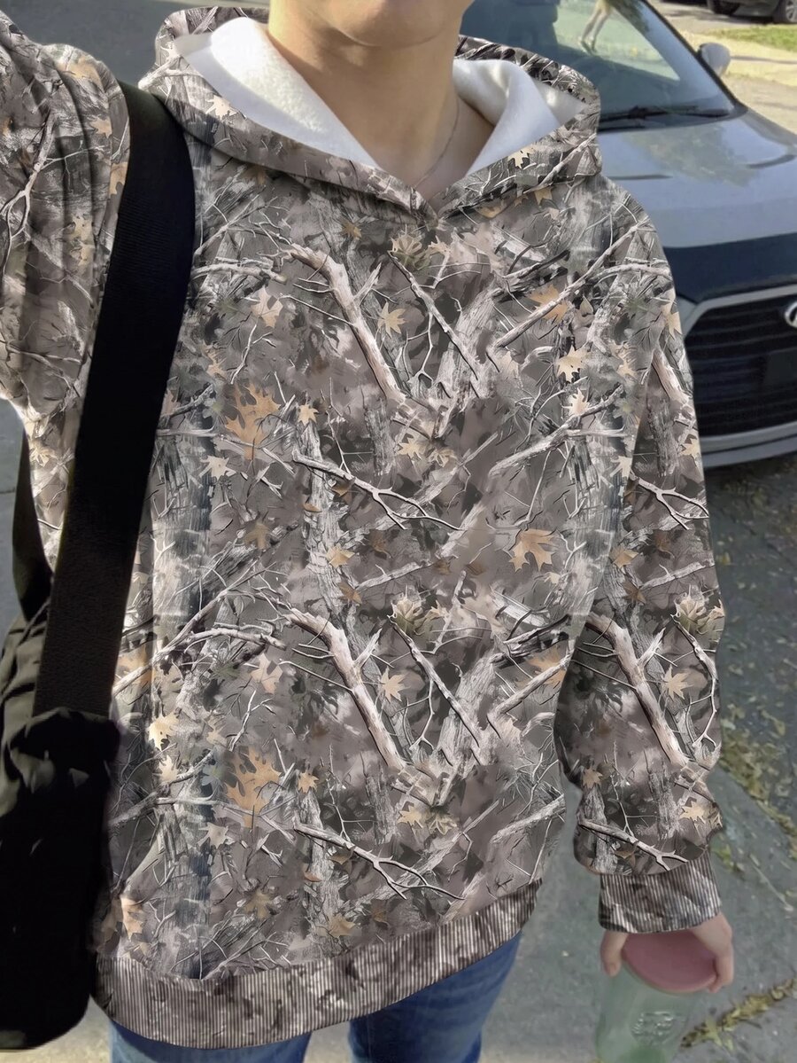 Teen Boy Casual Minimalist Loose Fit Crew Neck Long Sleeve Comfortable Sweatshirt Sweatshirt, Suitable For Autumn/Winter, Classic Cool Dried Branches And Fallen Leaves, Maple Leaf Print Pattern, Suitable For Y2K - Multicolor - View 1