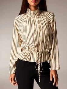 Athîral Women's Autumn Casual Striped Drawstring Waist Jacket - Apricot - View 5
