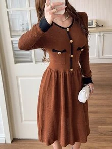 Feyla Women's Colorblock Round Neck Long Sleeve Button Design Elegant Knit Dress - Khaki - View 7