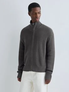 Merionis Men's Solid Color Long Sleeve Zipper Front Casual Knit Cardigan - Dark Grey - View 4