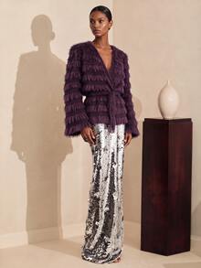 Vesra Shiny Faux Fur Cross Collar Belted Wrap Party Elegant Women's Regular Coat - Red Violet - View 7