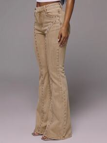 MUSERA Mid-Waist Denim Overlap Button Flared Leg Stud Detail Jeans Sexy Boho Cute Holiday Ibiza Spring Summer Feminine Outing - Beige - View 3