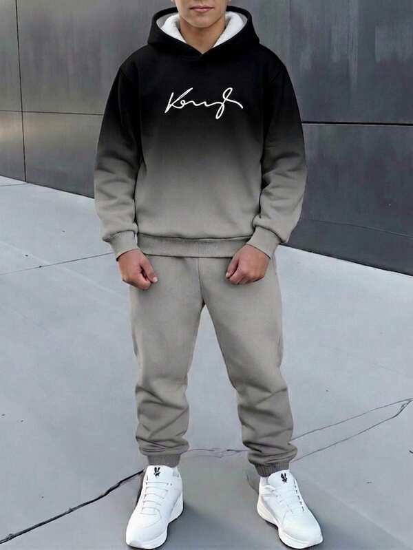 Tween Boy Casual Minimalist Long Sleeve Hooded Comfortable Sweatshirt 2 Pieces Set, Suitable For Autumn/Winter