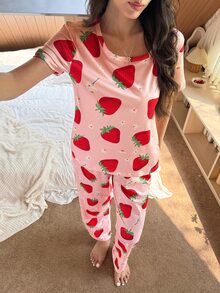 Dream Adore Women's Strawberry Print Short Sleeve Top And Long Pants Pajama Set - Multicolor - View 5