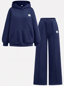 SHEIN Girlism 2件組青少年女孩純藍色冬季休閒度假返校復古寬鬆圖案秋季連帽衛衣與運動長褲保暖運動套裝 - 藏蓝色 - 查看 10