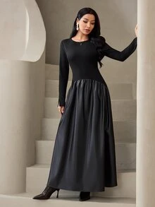 Veilorie Women's Solid Color Round Neck Long Sleeve Elegant Dress - Black - View 7