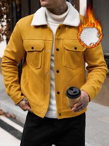 Manfinity CasualCool 男士羊毛領翻蓋口袋時尚橘色長袖外套，秋冬款 - 橘色 - 查看 5