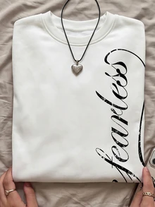 SHEIN EZwear Sweatshirt Wanita Kasual Minimalis dengan Motif Cetak, Kerah Bulat, Lengan Panjang, Tebal, dan Longgar - Putih - View 7