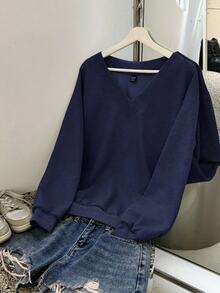 SHEIN EZwear 休閒極簡風海軍藍女款V領寬鬆大版衛衣，適合秋冬穿著 - 藏蓝色 - 查看 3