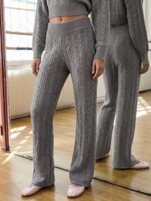 Livesso Women's Cable Knit Elastic Waist Casual Flare Leg Pants - Grey - View 4