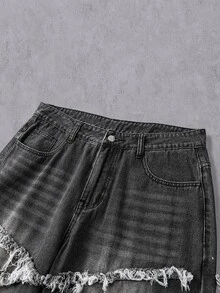 Manfinity Denimwave 男士深色廢土風原色流蘇拼接寬腿牛仔褲，復古黑灰色水洗寬鬆牛仔長褲 - 黑色 - 查看 4