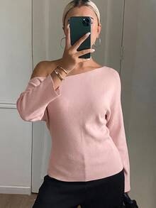 DAZY 純色修身船領長袖休閒優雅韓風秋冬女款針織上衣 - 粉色 - 查看 7