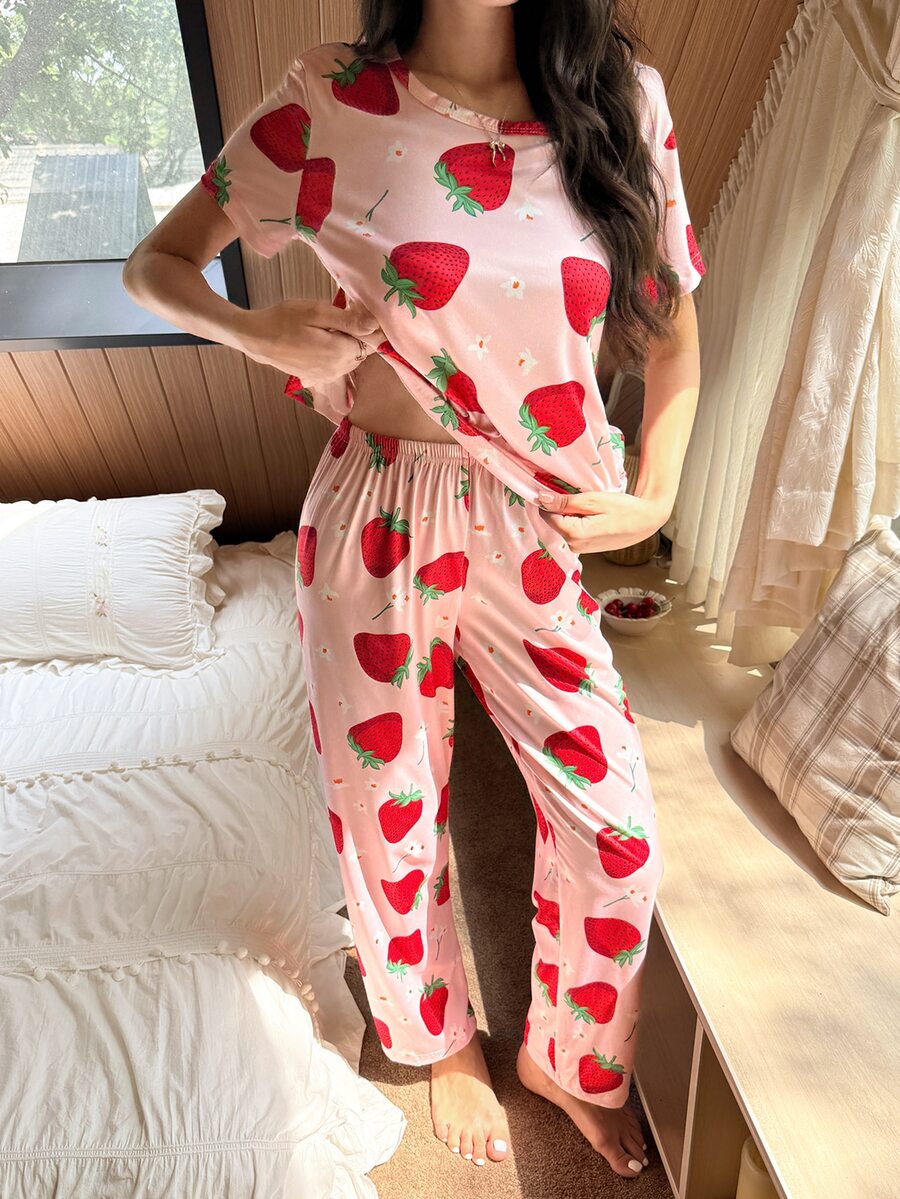 Dream Adore Women's Strawberry Print Short Sleeve Top And Long Pants Pajama Set - Multicolor - View 1