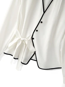 SHEIN Women's Lapel Contrast Trim Tie Long Sleeve Top + Wide Leg Pants 2pcs Set - Black and White - View 4