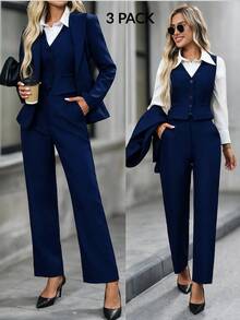 EMERY ROSE Women's Solid Color Single-Breasted Lapel NeckJacket, Vest And Pants Casual Suit Set Autumn Winter - Navy Blue - View 1