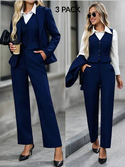 EMERY ROSE Women's Solid Color Single-Breasted Lapel NeckJacket, Vest And Pants Casual Suit Set Office Business Navy Blue