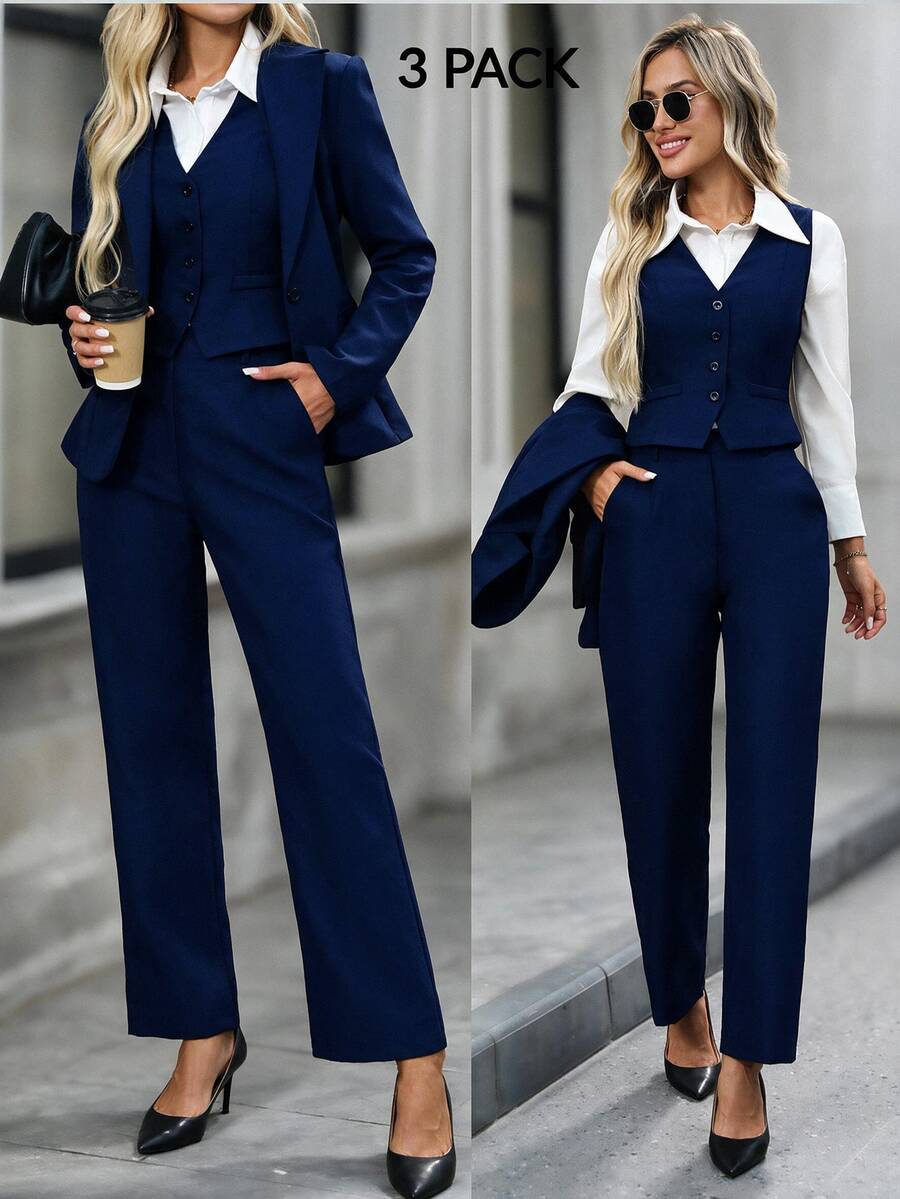 EMERY ROSE Women's Solid Color Single-Breasted Lapel NeckJacket, Vest And Pants Casual Suit Set Autumn Winter - Navy Blue - View 1