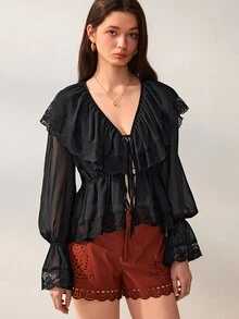 Willow Rêve Kemeja Longgar Hitam Wanita, Patchwork Renda Bunga Transparan, Kerah Berkerut, Ikatan Depan & Desain Lengan Lentera, Gaya Romantis Barat Musim Panas, Cocok Untuk Pesta - Hitam - View 1