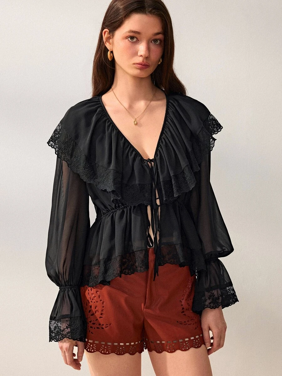 Willow Rêve Kemeja Longgar Hitam Wanita, Patchwork Renda Bunga Transparan, Kerah Berkerut, Ikatan Depan & Desain Lengan Lentera, Gaya Romantis Barat Musim Panas, Cocok Untuk Pesta - Hitam - View 1