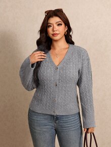 Elaquor Plus Size Women's Cable Knit Long Sleeve Single-Breasted Casual Cardigan - Dark Grey - View 1