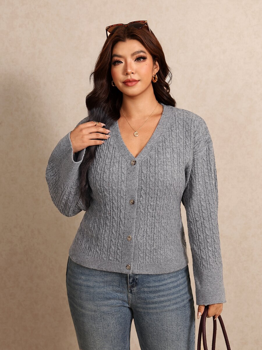 Elaquor Plus Size Women's Cable Knit Long Sleeve Single-Breasted Casual Cardigan - Dark Grey - View 1
