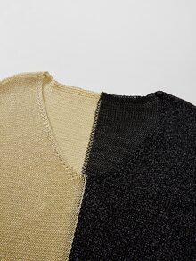 SHEIN 秋冬拼接配色V領針織毛衣，對比撞色長袖寬鬆上衣 - 彩色 - 查看 8