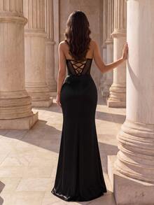 Coutiva Women's Fishbone Mesh Rhinestone Embellished Sexy Elegant Evening Dress - Black - View 2