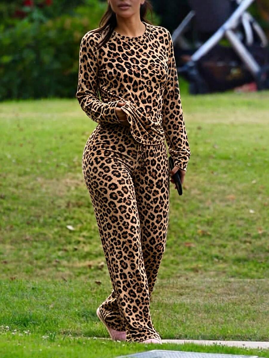 INAWLY Solva 秋季時尚豹紋上衣與長褲兩件套 - 卡其色 - 查看 1