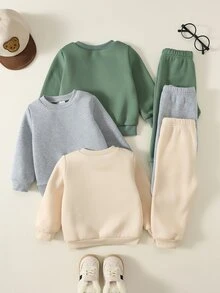SHEIN 男女嬰兒 3套組 秋冬保暖內裡加厚可愛運動衫套裝，男嬰冬季套裝，運動服，街頭風 - 彩色 - 查看 2