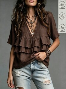 SHEIN Fiorisel Women's Casual Vacation Style V-Neck Ruffle Hem Fashion Blouse - Brown - View 5