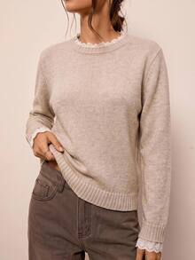 Freevana Women's Contrast Lace Round Neck Long Sleeve Casual Sweater - Khaki - View 3