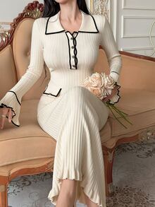 DAZY Gaun Sweater Wanita Elegan untuk Perjalanan/Kencan, Cocok untuk Musim Gugur/Dingin, Kerah Warna Kontras, Kancing, Rajutan Bergaris, Potongan Pas Badan, Hem Model Duyung, Cocok untuk Kencan atau Berkomuter - Aprikot - View 1