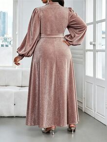 SHEIN Lady 大尺碼女款缺口V領燈籠袖鈕扣設計優雅洋裝 - 棕色 - 查看 2