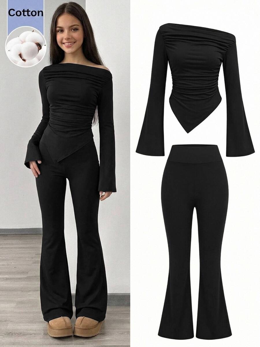SHEIN Teen Girl Solid Color One Shoulder Asymmetric Hem T-Shirt And Flare Pants Casual Set - Black - View 1
