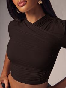 Denimoi Wrap Detail Fashion Tops Ruched Seams Everyday Wear Solid Color Dinner Brunch Effortless Tops - Coffee Brown - View 2