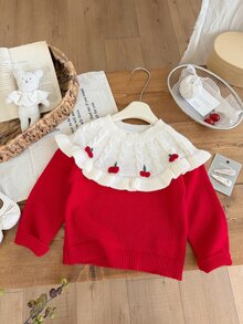 SHEIN Vintaside Kids 女童開學季秋冬紅色甜美毛衣，絲綢蕾絲下擺，優雅公主娃娃風，柔軟紗線，萬聖節、新年、聖誕節適用 - 彩色 - 查看 5